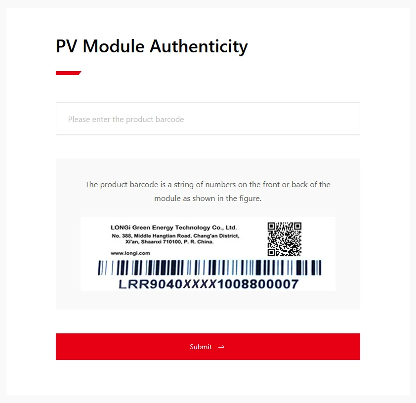 LONGi PV Module Authenticity page showing a single input field labelled Please enter the product barcode, an example barcode label, and a red Submit button