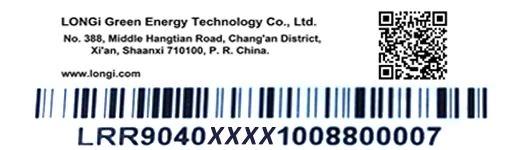 LONGi solar panel label with the product barcode printed in plain digits underneath the barcode stripes