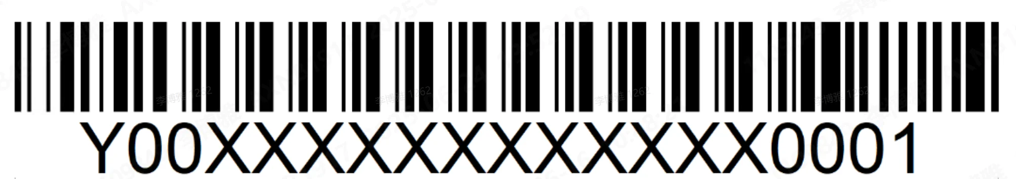 Aiko barcode schematic diagram, a barcode with the sample code Y00XXXXXXXXXXXX0001 printed in plain characters underneath it