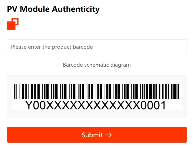 Aiko PV Module Authenticity form in English, with a box reading Please enter the product barcode, a barcode schematic diagram beneath it, and an orange Submit button