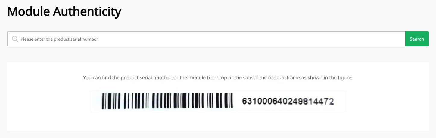 Astronergy Module Authenticity page with a single serial number box, a green Search button, and below it their figure of a module label barcode with the serial printed in plain digits