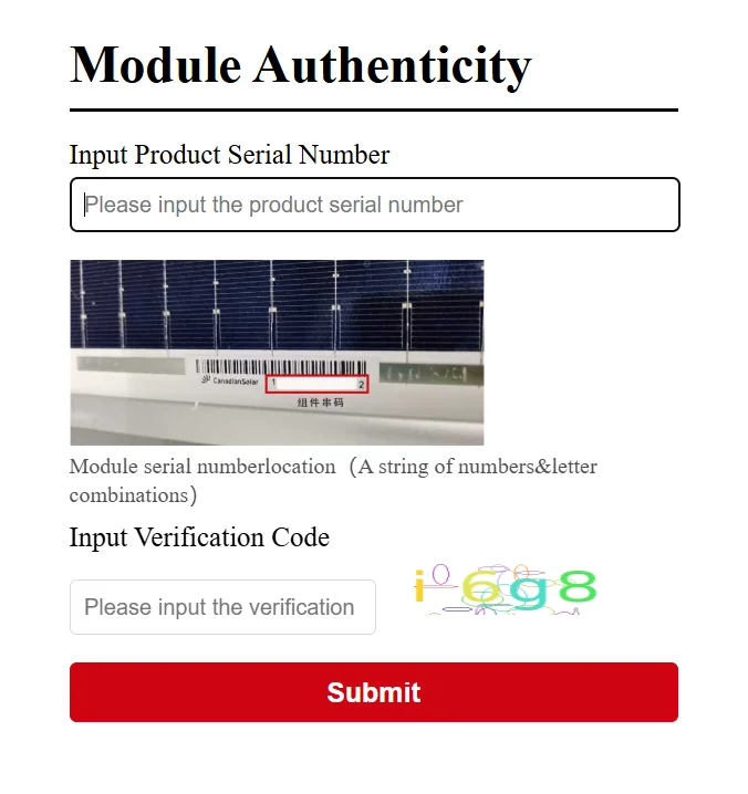 Canadian Solar Module Authenticity form with a field for the product serial number, a photo marking where the serial sits on the module, a distorted verification code and a red Submit button