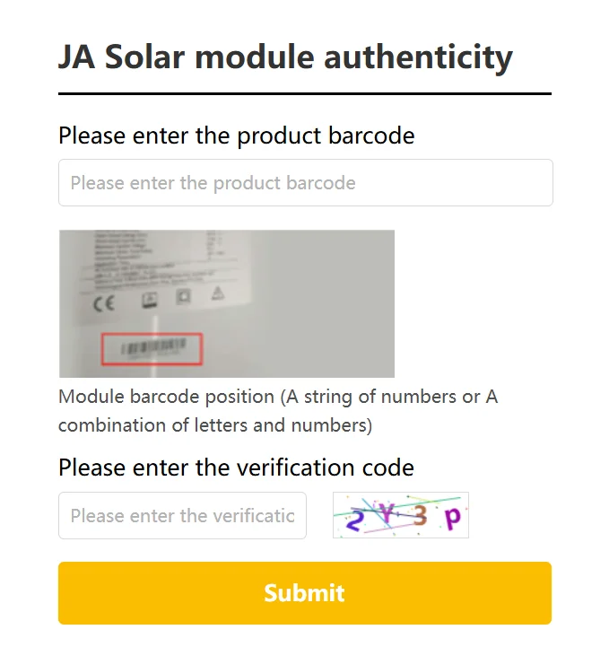 JA Solar module authenticity form with a field for the product barcode, a photo of the back sheet label with the barcode marked in a red box, a distorted verification code and a yellow Submit button